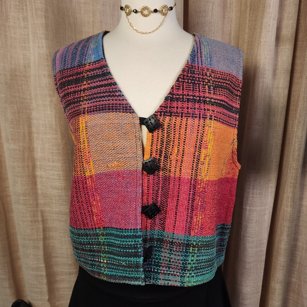 Vintage Sandy Starkman Patchwork Woven Vest L Cotton Art to Wear Boho
